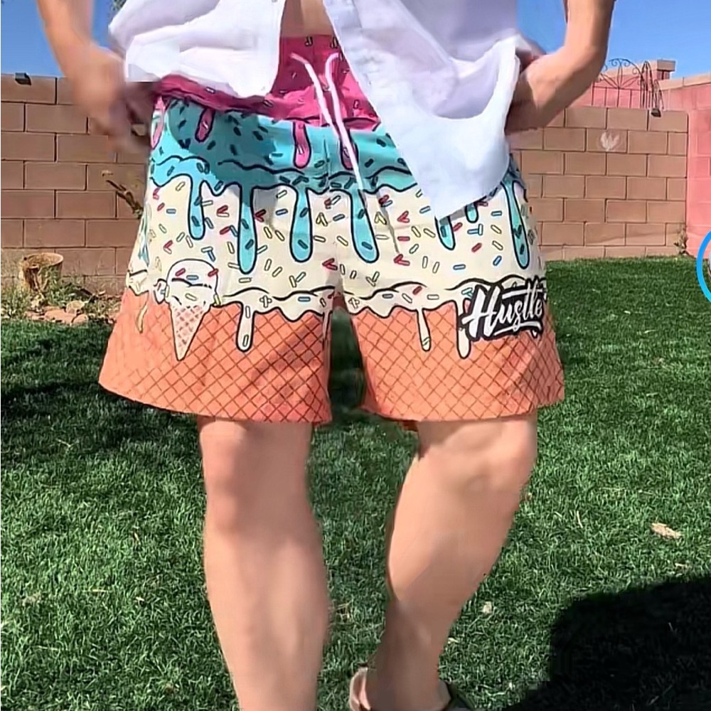 Fun‎ Summer Ice Cream Print Board Shorts Swim Shorts Drawstring Elastic Waist